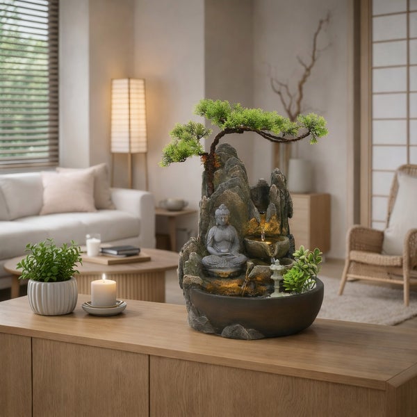 Beleuchteter Zimmerbrunnen mit Buddha und Bonsai auf Holz-Sideboard in hellem, organisiertem Wohnzimmer.