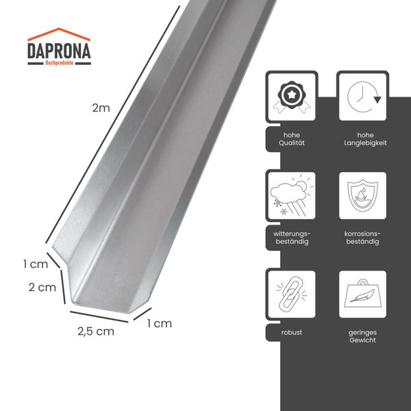 Daprona Logo, Metallprofil für das Dach, 2 Meter Länge, Symbole für Qualität, Langlebigkeit, Witterungsbeständigkeit und Korrosionsbeständigkeit.
