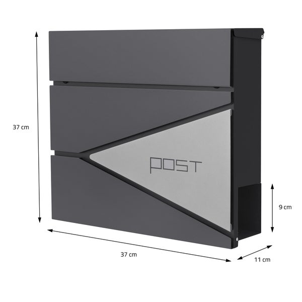 Moderner anthrazitfarbener Wandbriefkasten mit Zeitungsfach, Maße 37 mal 37 mal 11 Zentimeter, Aufschrift Post auf silberfarbenem Dreieck.