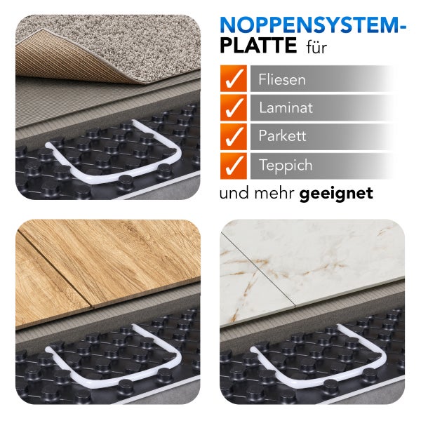 Noppensystemplatte für Fußbodenheizung, geeignet für Fliesen, Laminat, Parkett und Teppich mit Verlegebeispielen der verschiedenen Bodenbeläge.