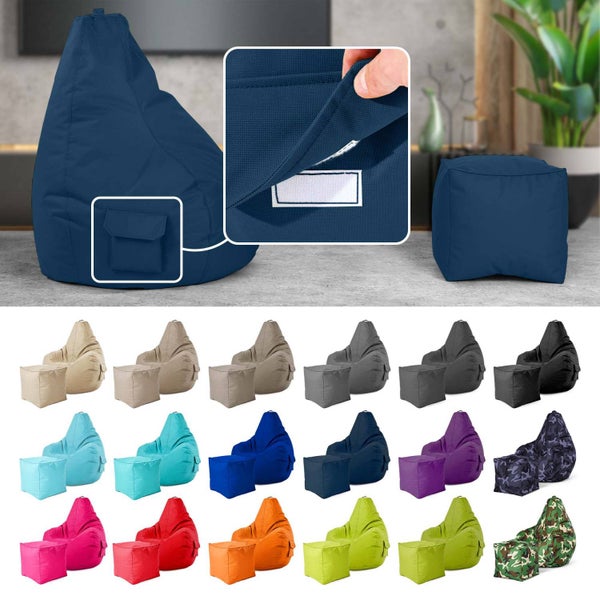 Green Bean 2er Set Sitzsack + Hocker - fertig befüllt - robust waschbar schmutzabweisend - Kinder & Erwachsene Bean Bag Bodenkissen Lounge Sitzhocker Relax-Sessel Gamer Gamingstuhl Pouf - Dunkelblau