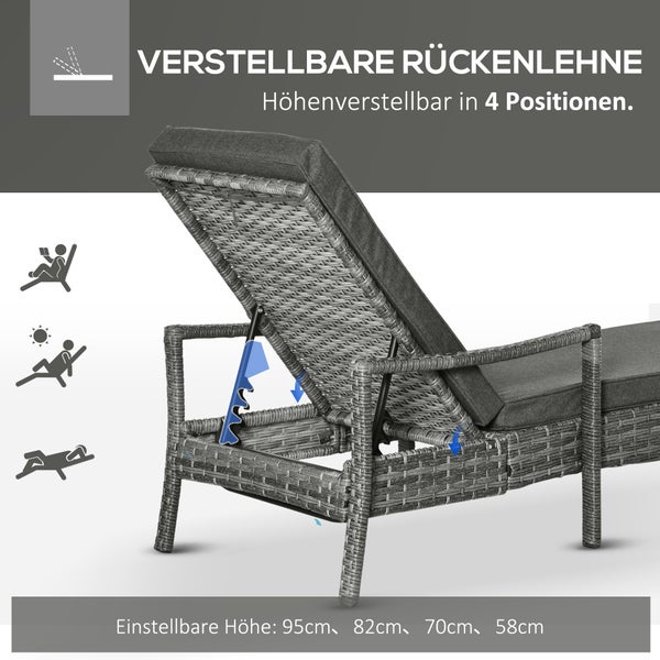 Outsunny Sonnenliege Polyrattan Gartenliege Rattanliege Gartenmöbel Liege mit Polsterauflage 4 Stufen verstellbar Grau 192 x 72 x 52,5 cm