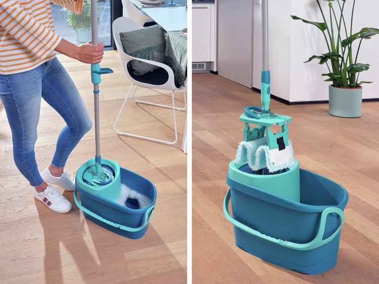 Leifheit Set CLEAN TWIST Flachwischer Ergo 2.0 mit Kraftreiniger, Bodenwischer mit Mikrofaser Bezug für nebelfeuchte Reinigung auf Laminat und Fliesen, Wischmopp mit Schleudertechnologie