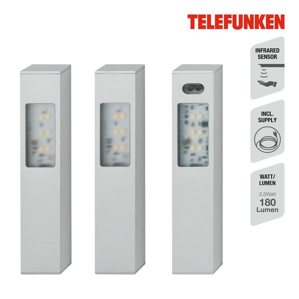 Telefunken LED-Unterbauleuchten 3er Set mit Infrarotsensor, inklusive Netzteil, 2,5 Watt und 180 Lumen. Telefunken Logo.