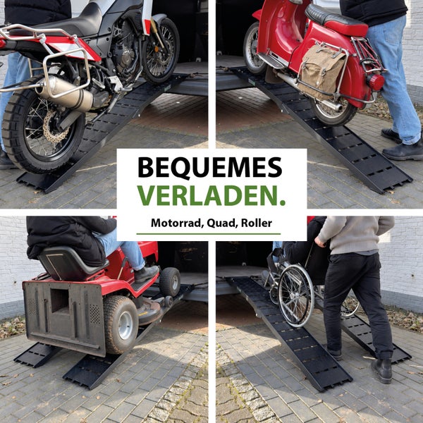 Vier Bilder zeigen eine Verladerampe aus Kunststoff beim Beladen eines Motorrads, eines Rollers, eines Aufsitzmähers und eines Rollstuhls.