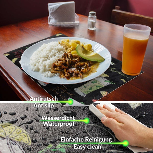 Platzset mit Cocktail-Motiv auf Holztisch, rutschfest, wasserdicht und leicht zu reinigen.