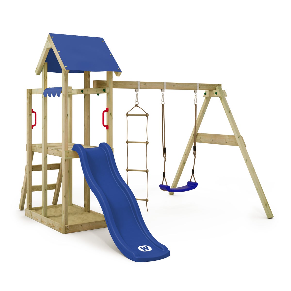 WICKEY Spielturm Klettergerüst TinyPlace mit Schaukel und Rutsche, Kletterturm mit Sandkasten, Leiter und Spiel-Zubehör - blau