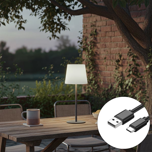 Moderne, beleuchtete Akku-Außentischleuchte auf einem Holztisch im Garten, inklusive USB-C Ladekabel für kabellosen Betrieb.