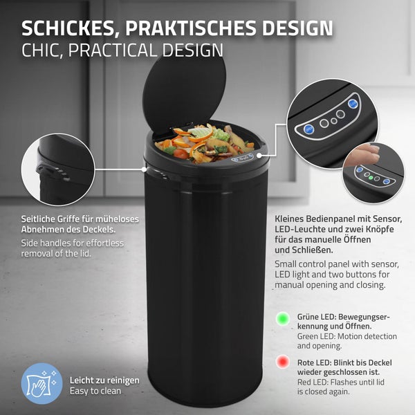 ML-Design Mülleimer mit Sensor 30L aus Edelstahl, Schwarz, Rund, automatisches Öffnen & Schließen, Abfalleimer berührungslos, Müllbehälter mit Bewegungssensor, LED-Anzeige, Klemmring, für Küche & Büro