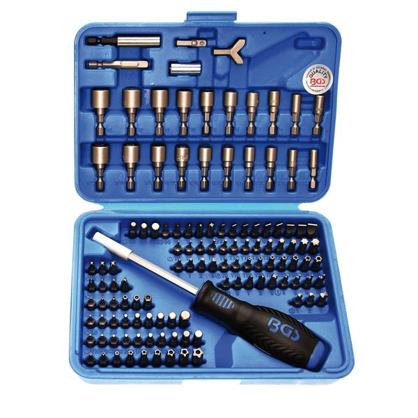 BGS Technic Logo. Bit-Sortiment in blauem Kunststoffkoffer mit Schraubendreher und verschiedenen Aufsätzen