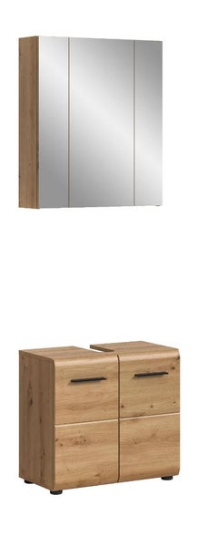 Badezimmermöbel Set bestehend aus einem dreitürigen Spiegelschrank und einem Waschbeckenunterschrank in Holzoptik mit schwarzen Griffen.