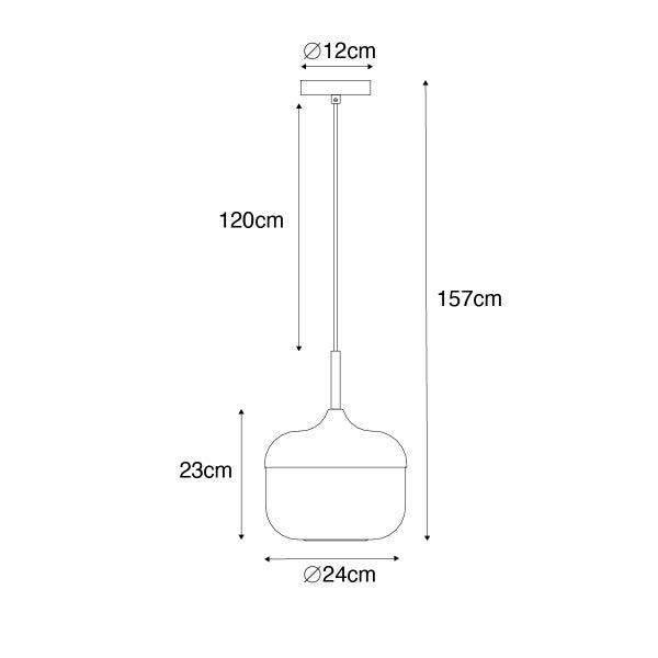 Technische Zeichnung einer Pendelleuchte mit den Maßen 157 cm Höhe, 24 cm Durchmesser Lampenschirm und 12 cm Durchmesser Deckenhalterung.