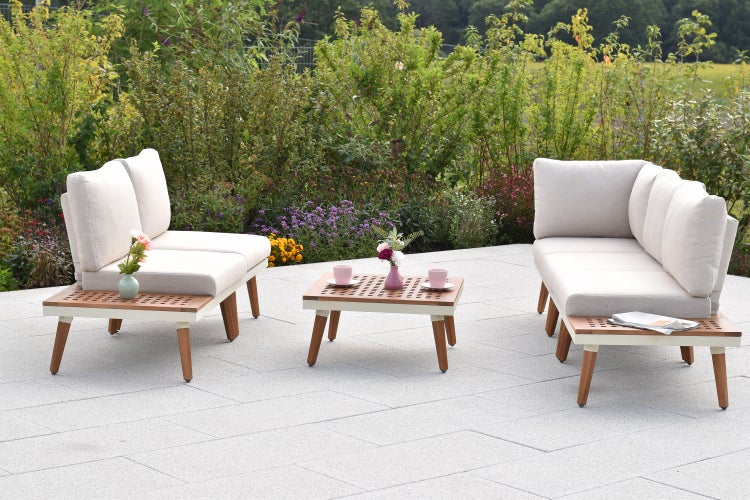 Delphi Gartenlounge Set, Eckbank mit seitlichen Ablageflächen, inkl. Sitz- und Rückenkissen, Tisch 63 x 63 cm