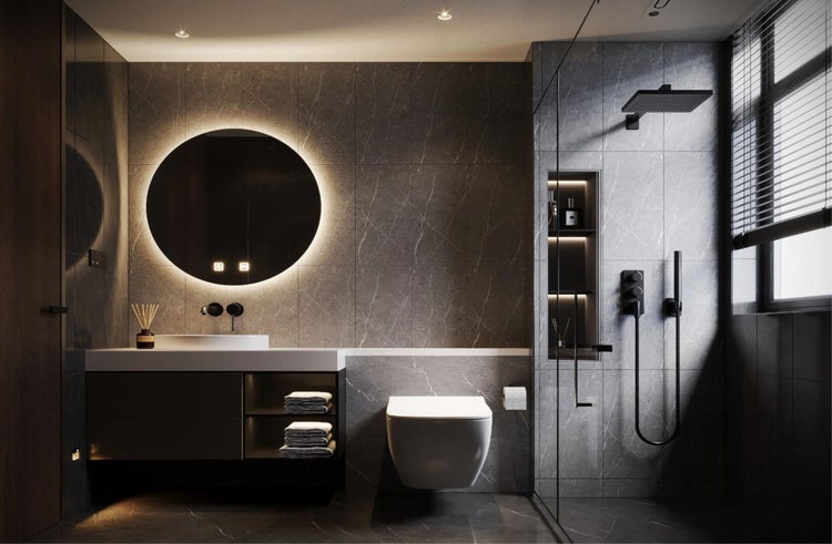 Modernes Badezimmer mit Waschtisch, Spiegel, Toilette und Dusche