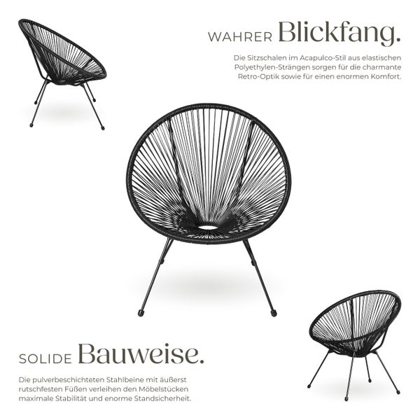 2er Set Gartenstuhl tectake Santana Belastbarkeit 120 kg, 70,5 x 69 x 78 cm Retro-Design im Acapulco-Stil schwarz