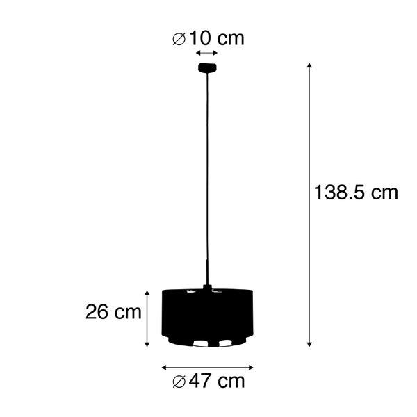 Pendelleuchte Maße: Gesamthöhe 138.5 Zentimeter, Schirmdurchmesser 47 Zentimeter, Schirmhöhe 26 Zentimeter, Baldachindurchmesser 10 Zentimeter.