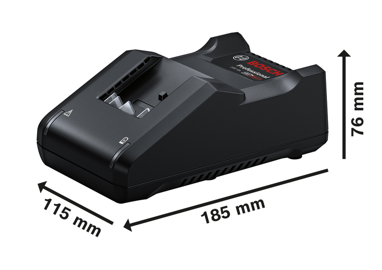 Bosch Professional Ladegerät mit Abmessungen: 115 Millimeter Breite, 185 Millimeter Länge und 76 Millimeter Höhe.