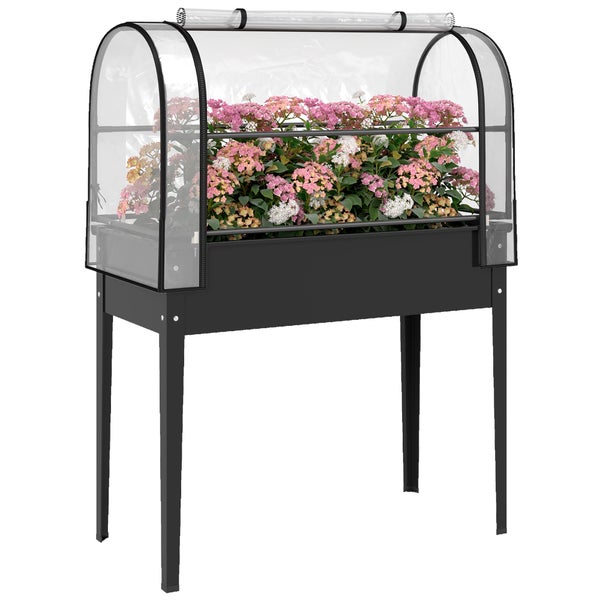 Hochbeet mit transparentem Foliengewächshaus und stabilen Metallbeinen für Garten oder Balkon.