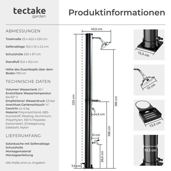 tectake garden Logo sowie Infografik mit Abmessungen und technischen Daten einer schwarzen Solardusche inklusive Detailansichten.