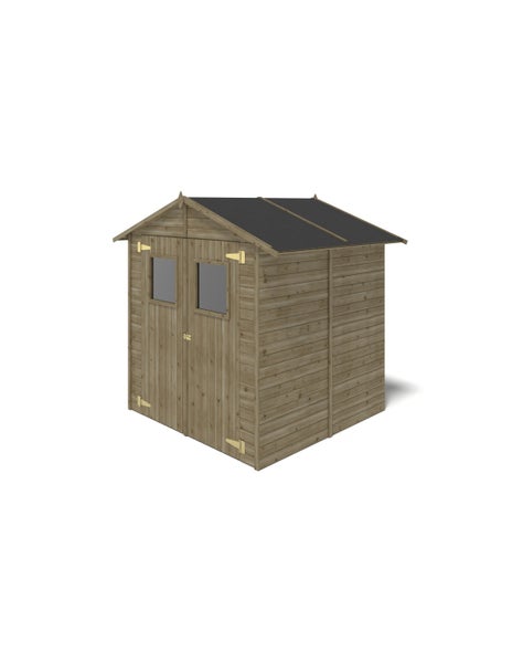 Gerätehaus aus Holz mit Satteldach, Doppeltür und zwei Fenstern.