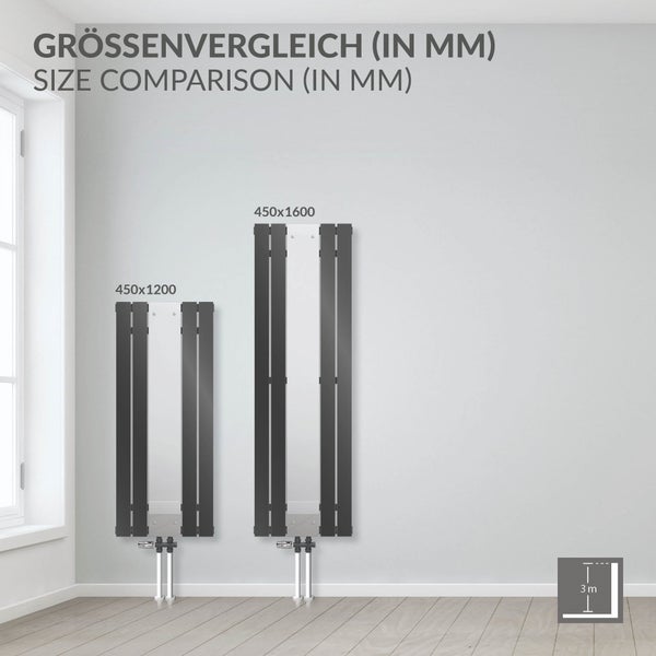 LuxeBath Badheizkörper mit Spiegel Mittelanschluss 1200x450mm Anthrazit Anschlussarmatur Universal Eck- und Durchgangsform Multiblock Thermostat Paneelheizkörper Spiegelheizkörper Glasheizkörper Flach