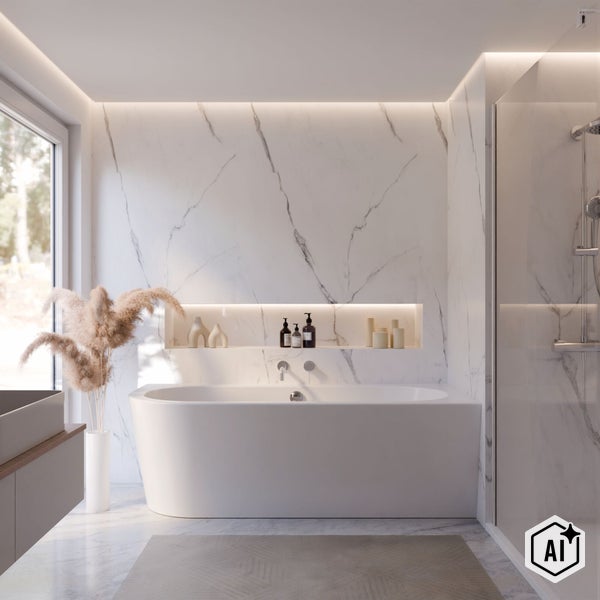 Modernes Badezimmer mit freistehender Badewanne, Marmorwand und beleuchteter Nische, Duschkabine und Dekorationselementen in einem hellen Raum.