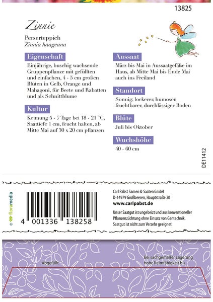 Rückseite der Samentüte für Zinnien Perserteppich mit Informationen zu Aussaat und Pflege von Carl Pabst Samen und Saaten.