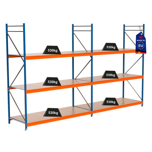 Lagerregal mit drei Ebenen und einem Etikett Made in EU.
