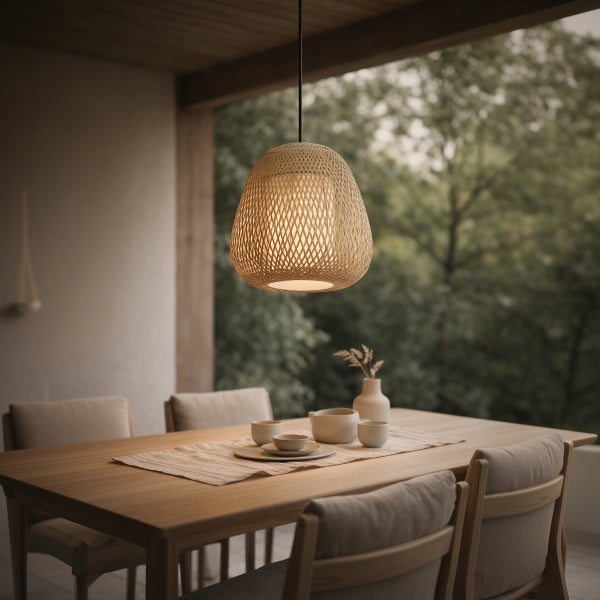 Hängelampe mit geflochtenem Lampenschirm aus Naturmaterial über einem Holztisch mit Essgeschirr auf einer Terrasse mit Gartenblick.