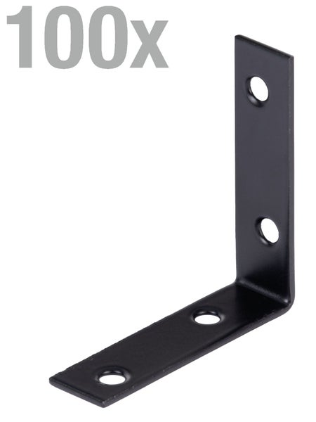 Winkelverbinder aus Metall mit vier Schraublöchern im Set von 100 Stück zur stabilen Befestigung von Holzverbindungen.