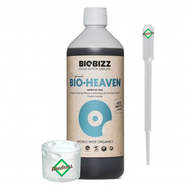 Biobizz Bio-Heaven organischer Pflanzendünger in der Flasche mit Messbecher und Pipette sowie Weedness Logo.