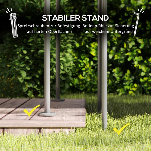 Stabiler Stand für Pavillon mit Spreizschrauben für harte Oberflächen und Bodenpfählen für weichen Untergrund wie Gras.