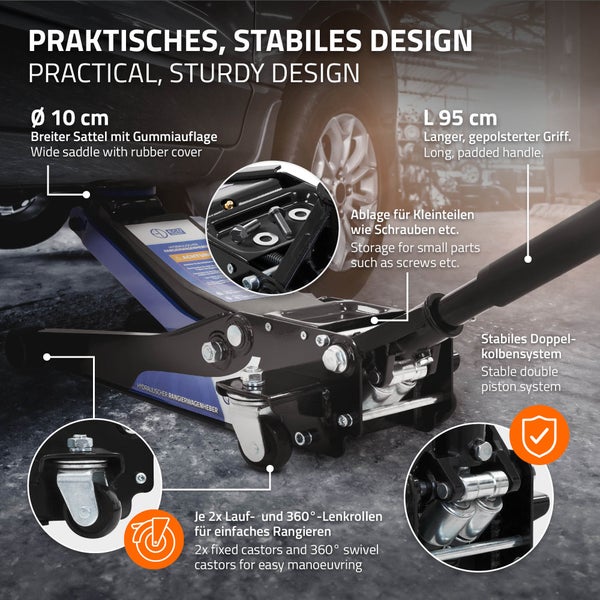 Hydraulischer Rangierwagenheber mit breitem Sattel, Gummiauflage, langem Griff, Ablage für Kleinteile sowie Lauf- und Lenkrollen