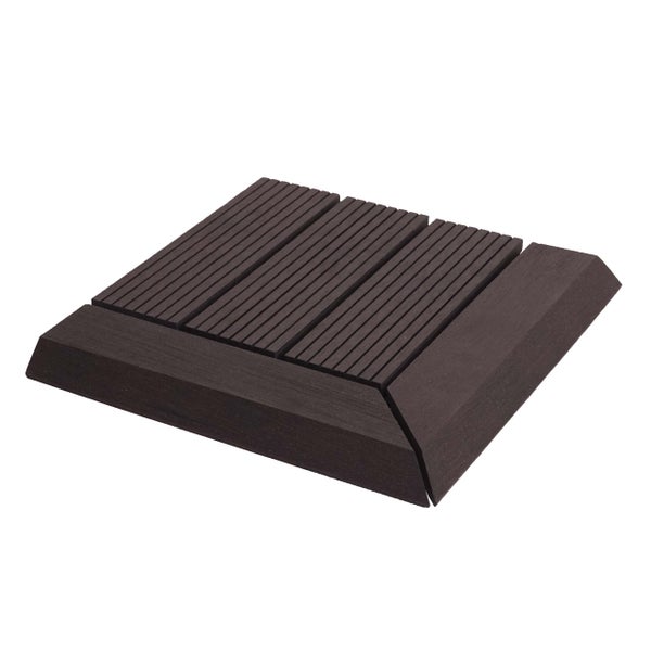Eckstück für WPC-Terrassenfliesen mit geriffelter Oberfläche, dunkelbraun.