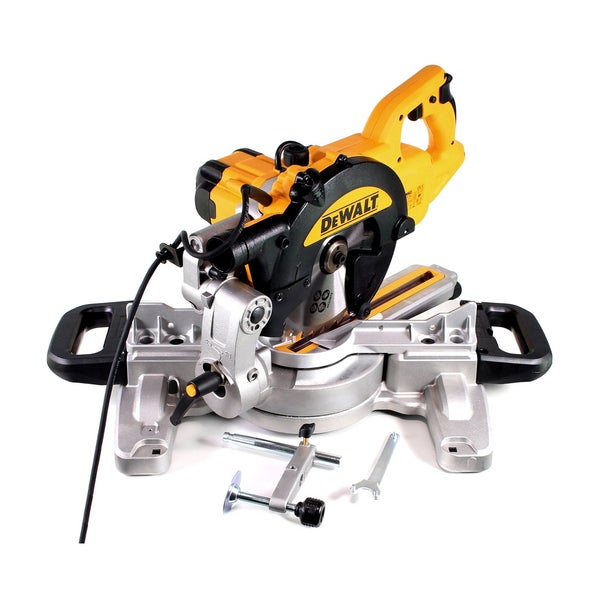 DeWalt Kapp- und Gehrungssäge mit Werkstückklemme und Montageschlüssel.