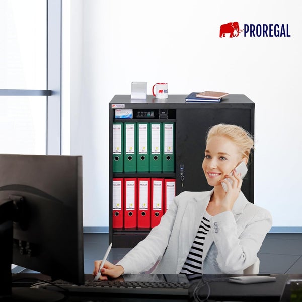 Proregal Metall-Büroschrank in einem hellen, organisierten Büro mit Aktenordnern und einer arbeitenden Person am Schreibtisch. Proregal Logo.