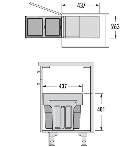 Technische Zeichnung eines Unterschranks mit den Maßen 437, 263 und 401.