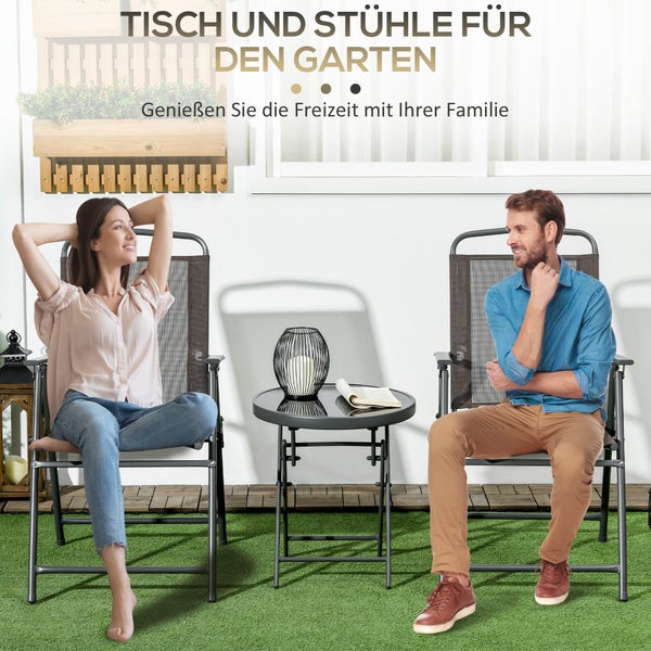 Outsunny Bistro-Set 3-teilig aus Metall Wetterfest Gartenmöbel Set mit klappbar Glastisch Gartenstühlen Outdoor Balkonmöbel Set Sitzgruppe Balkonset Gartengarnitur Braun