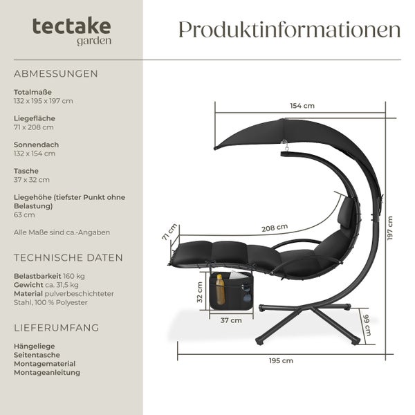 Hängeliege tectake Elaria 195 x 132 x 197 cm, mit Seitentasche großes Sonnendach mit UV-Schutz schwarz