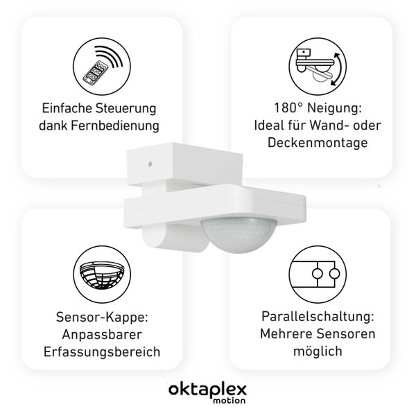 Oktaplex Tea Bewegungsmelder 360 Grad weiß inkl. Fernbedienung IP65 schwenkbar für Wand / Decke