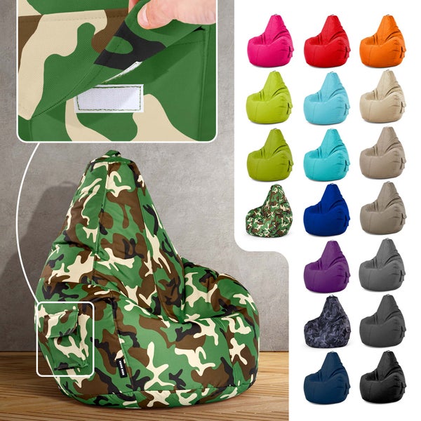 Green Bean Sitzsack mit Rückenlehne 80x70x90cm - Gaming Chair mit 230L Füllung Kuschelig Weich Waschbar - Bean Bag Bodenkissen Lounge Sitzhocker Relax-Sessel Gamer Gamingstuhl Camouflage Grün