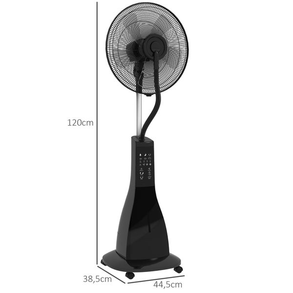 Standventilator mit Sprühnebelfunktion, Display und Rollen, Höhe 120 Zentimeter, Breite 44,5 Zentimeter, Tiefe 38,5 Zentimeter, Schwarz.