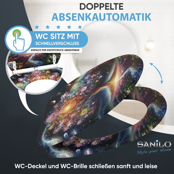 Sanilo WC Sitz mit Absenkautomatik und Schnellverschluss im Weltraum Design mit fractal Blumenmuster für eine einfache Reinigung.