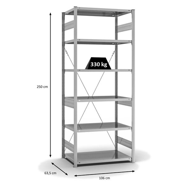 PROREGAL Fachbodenregal Stecksystem T-Profil Heavy-Duty Grundregal HxBxT 250 x 100 x 60 cm 6 Ebenen Fachlast 330 kg Einseitig Nutzbar Verzinkt