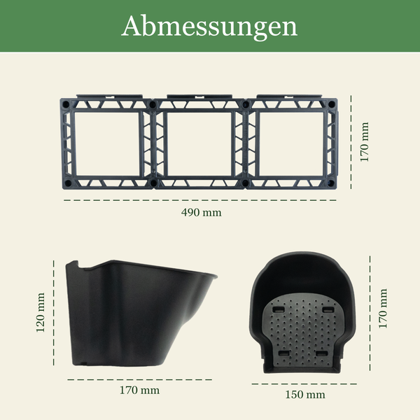Abmessungen Wand-Pflanzsystem: Halterung 490 mal 170 Millimeter, Topf 150 mal 170 Millimeter und Seitenansicht 170 mal 120 Millimeter.
