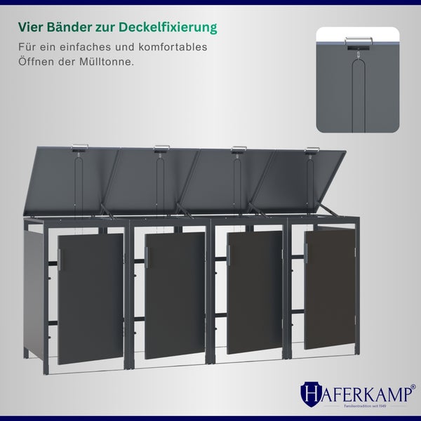 Mülltonnenbox für vier Mülltonnen mit Bändern zur Deckelfixierung zum einfachen Öffnen, Haferkamp Logo