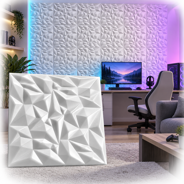 Quadratische 3D Wandpaneele mit geometrischem Design zur dekorativen Wandgestaltung in einem modern eingerichteten Gaming Zimmer.