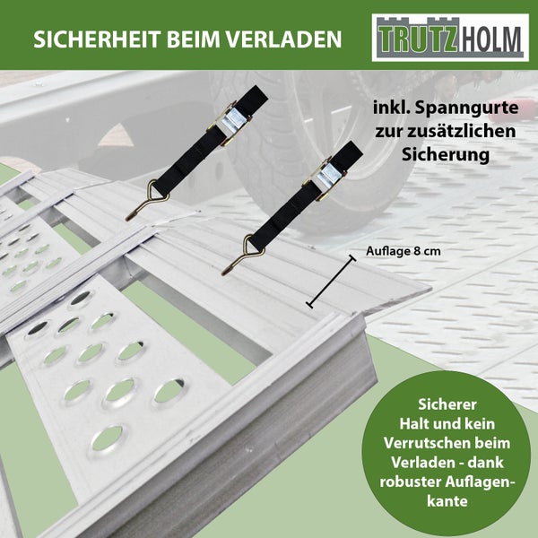 Trutzholm Logo. Eine Aluminium Auffahrrampe mit einer acht Zentimeter breiten Auflagekante und zwei Spanngurten zur Sicherung beim Verladen.