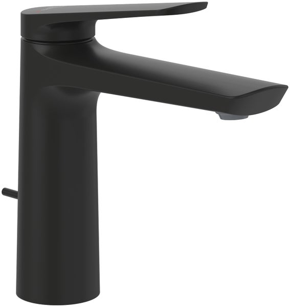 Villeroy & Boch Oasis Waschtischarmatur, Wasserhahn Bad mit Zugstange und Keramikkartusche, Waschbeckenarmatur wassersparend, Auslauf Höhe 114mm, rund, Matt Black