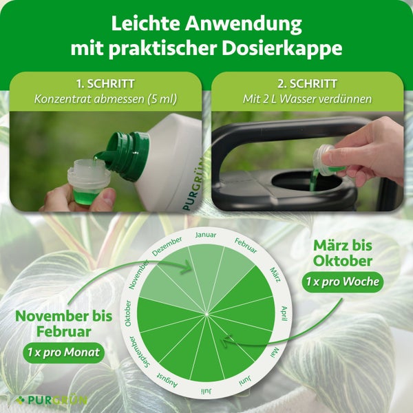 Anwendungshinweise und Dosierungsschema für Purgrün Flüssigdünger mit praktischer Dosierkappe für die Anwendung in verschiedenen Monaten.